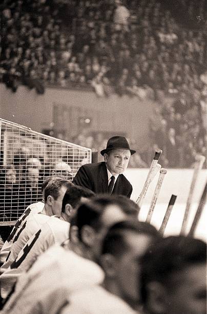 Detroit Red Wings coach Sid Abel on bench during game vs New York - Old Photo