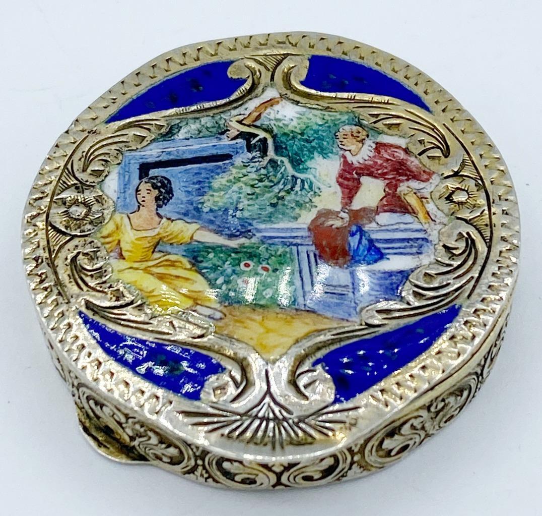 Antique Vintage 800 Silver & Enamel Snuff Pill Box w/ Scenic Courting Couple
