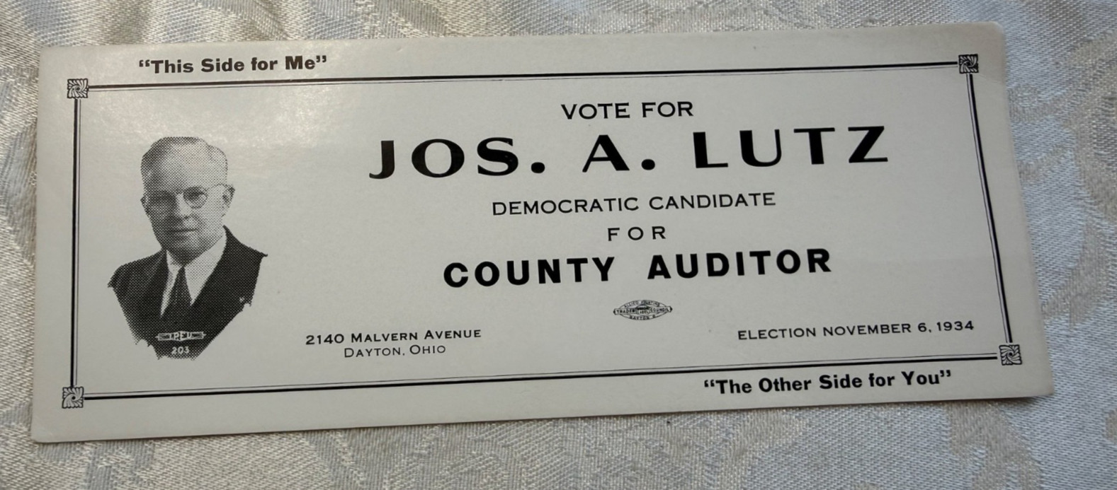 1934 Political Ad Blotter Democrat for County Auditor Dayton Ohio 1934 Political Ad Blotter Democrat for County Auditor Dayton Ohio