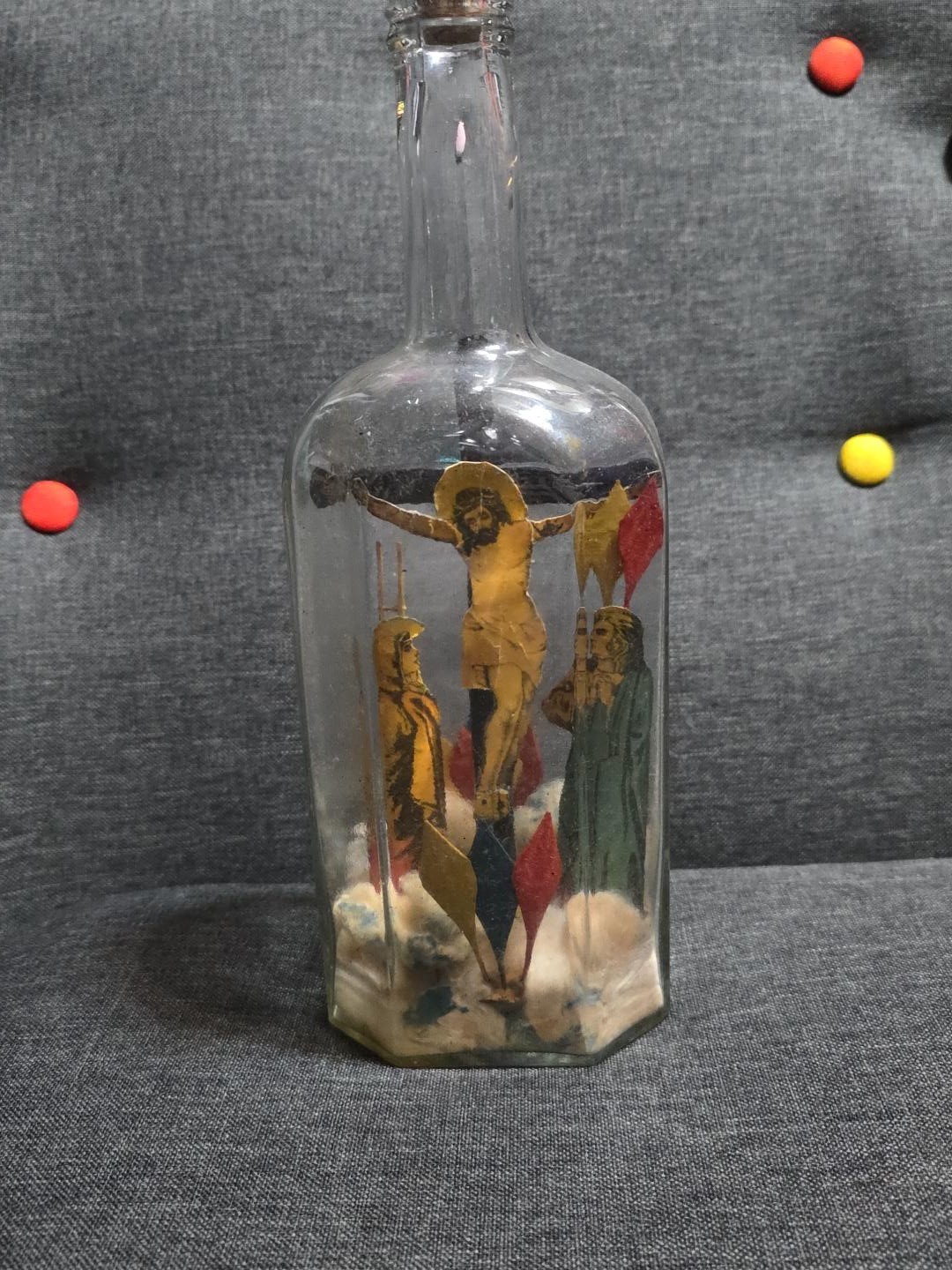 Vintage Greek Orthodox Crucifixion Folk Art Shrine in Glass Bottle Jesus 11\