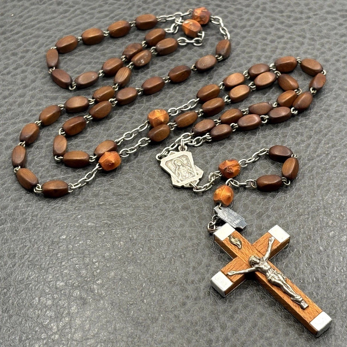 Vintage French Cocoa Wood Bead Rosary Crucifix Necklace France Silver Tone 26” Vintage French Cocoa Wood Bead Rosary Crucifix Necklace France Silver Tone 26”