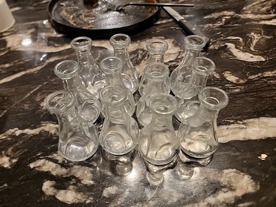 Vintage 1970-1980s Mini Clear Glass Bottle Pinch Thumbprint 3.5” (set of 12) Vintage 1970-1980s Mini Clear Glass Bottle Pinch Thumbprint 3.5” (set of 12)