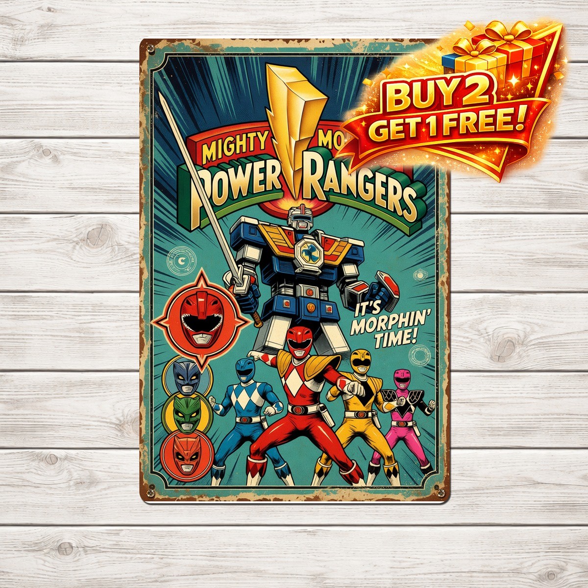 Mighty Morphin Power Rangers 8x12 Vintage Comic Tin Metal Sign Decor