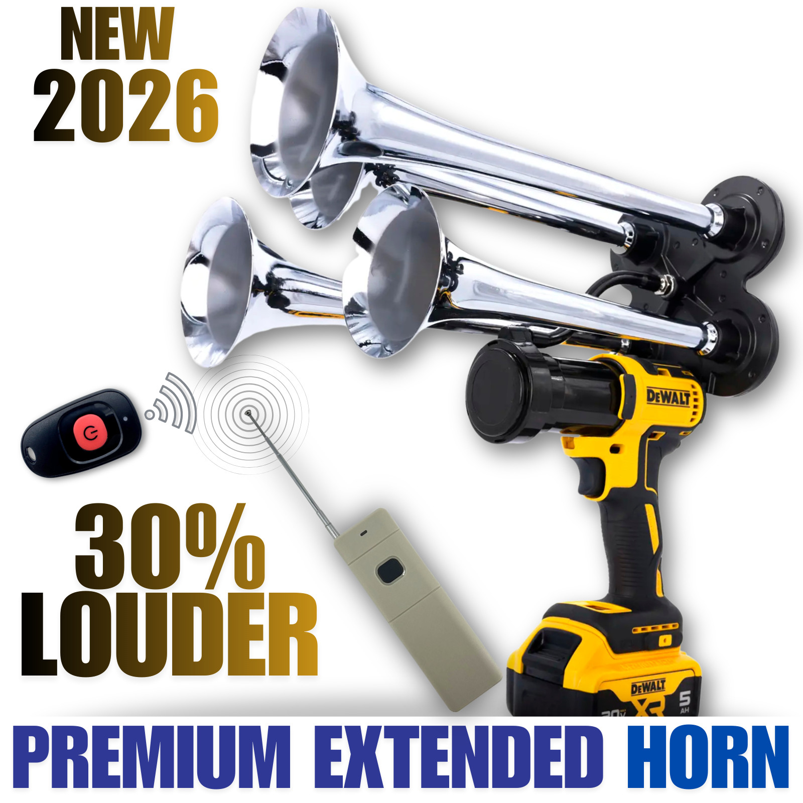 DeWalt Premium Chrome Train Horn, Long Range (2000ft) Remote, Extended Trumpets DeWalt Premium Chrome Train Horn, Long Range (2000ft) Remote, Extended Trumpets