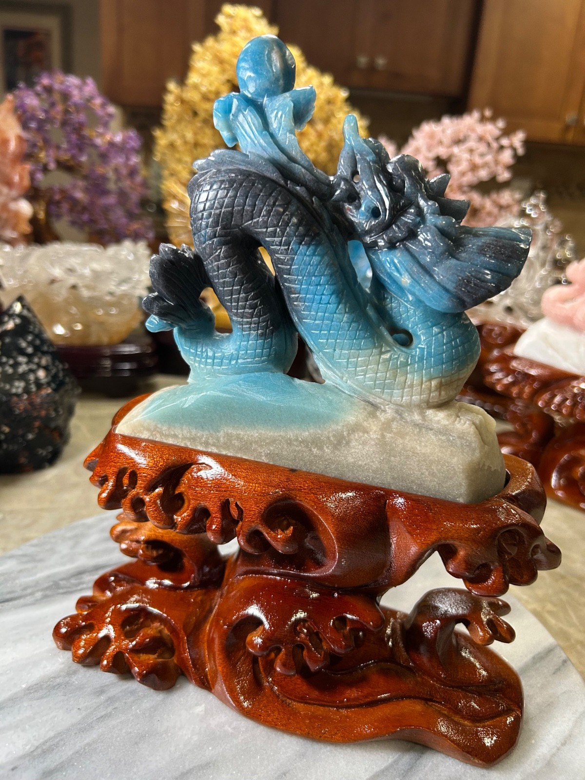 Dragon Trolleite carving with custom wood stand