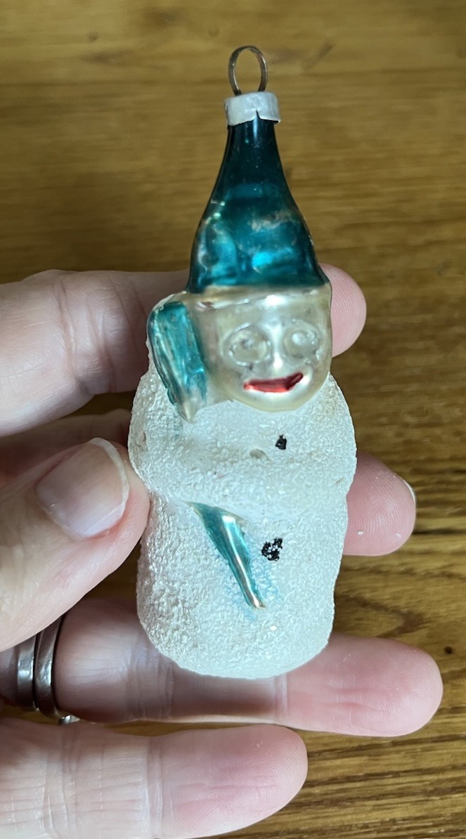 Antique 1900s German Glass Christmas Ornament Mica Snowman Blue Hat Broom 3 Inch Antique 1900s German Glass Christmas Ornament Mica Snowman Blue Hat Broom 3 Inch