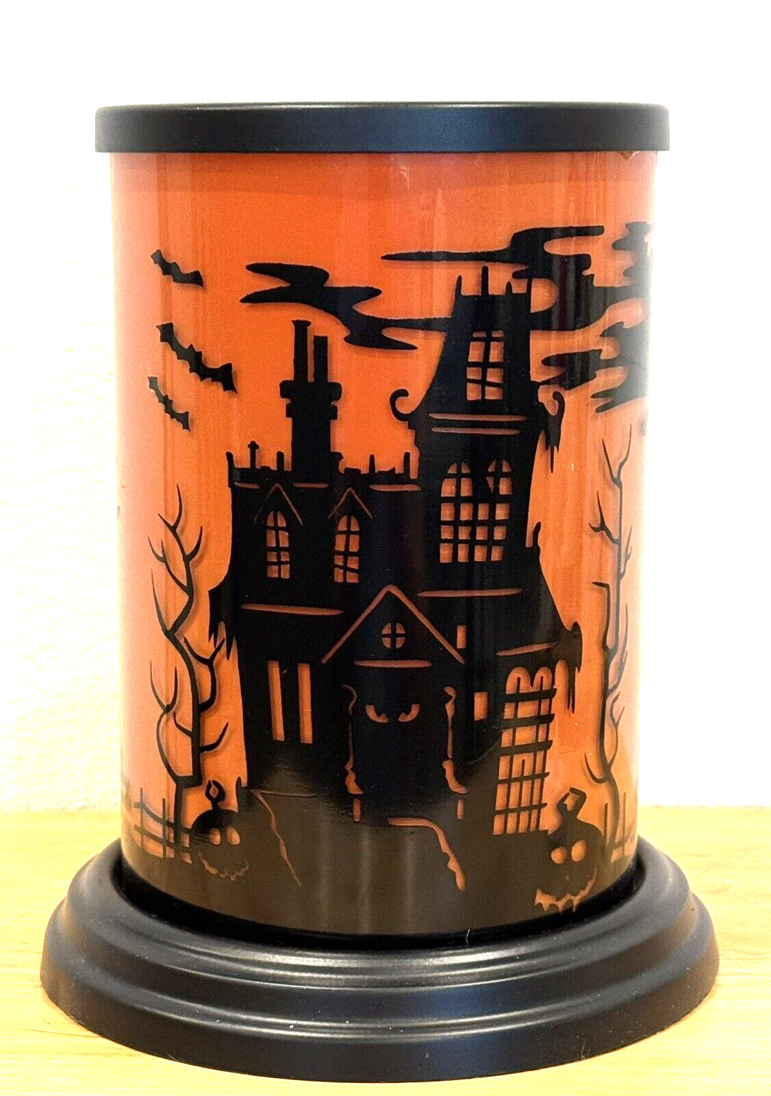 RARE HTF SPOOKY GLASS HALLOWEEN HAUNTED HOUSE HURRICANE CANDLE HOLDER WITH BASE RARE HTF SPOOKY GLASS HALLOWEEN HAUNTED HOUSE HURRICANE CANDLE HOLDER WITH BASE