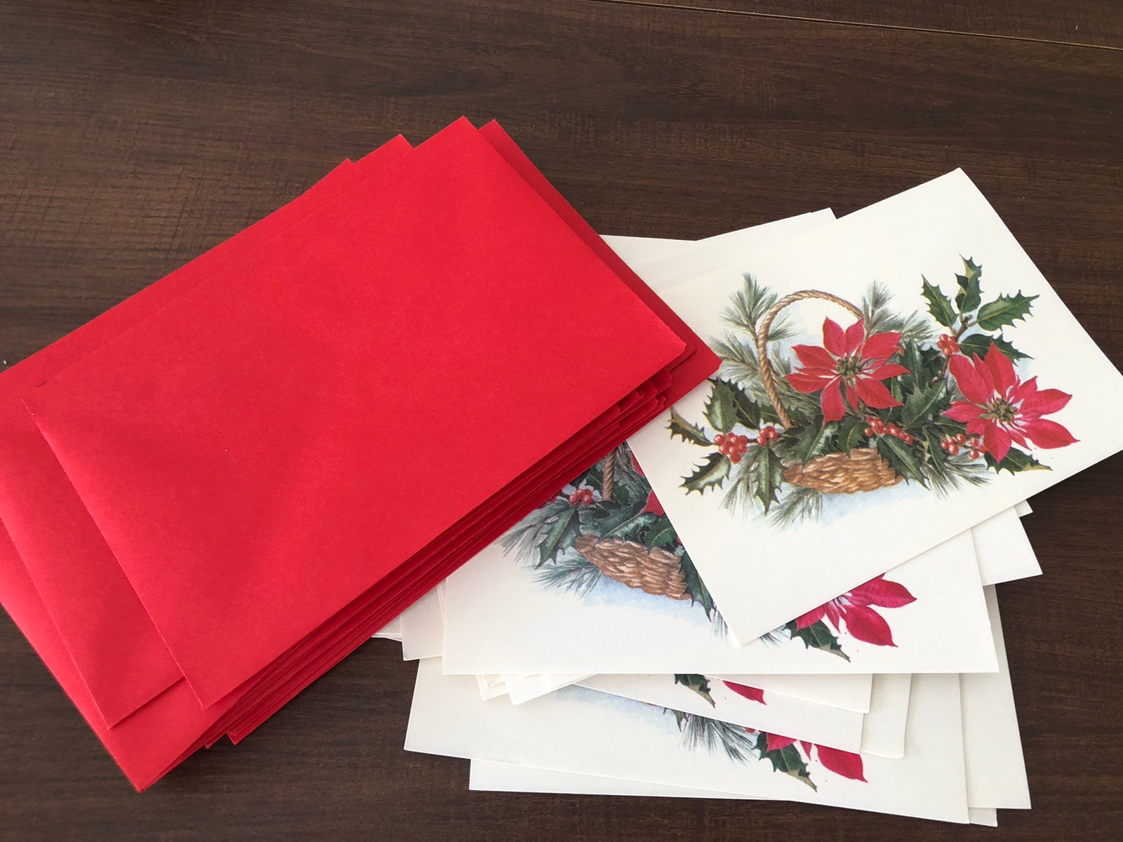 VTG CHRISTMAS Cards And Envelopes Red Poinsettias in Basket Set Of 22 Unused VTG CHRISTMAS Cards And Envelopes Red Poinsettias in Basket Set Of 22 Unused