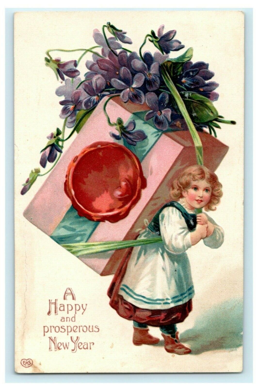 Spectacular EAS Girl Present New Year 1909 Embossed Vintage Antique Postcard