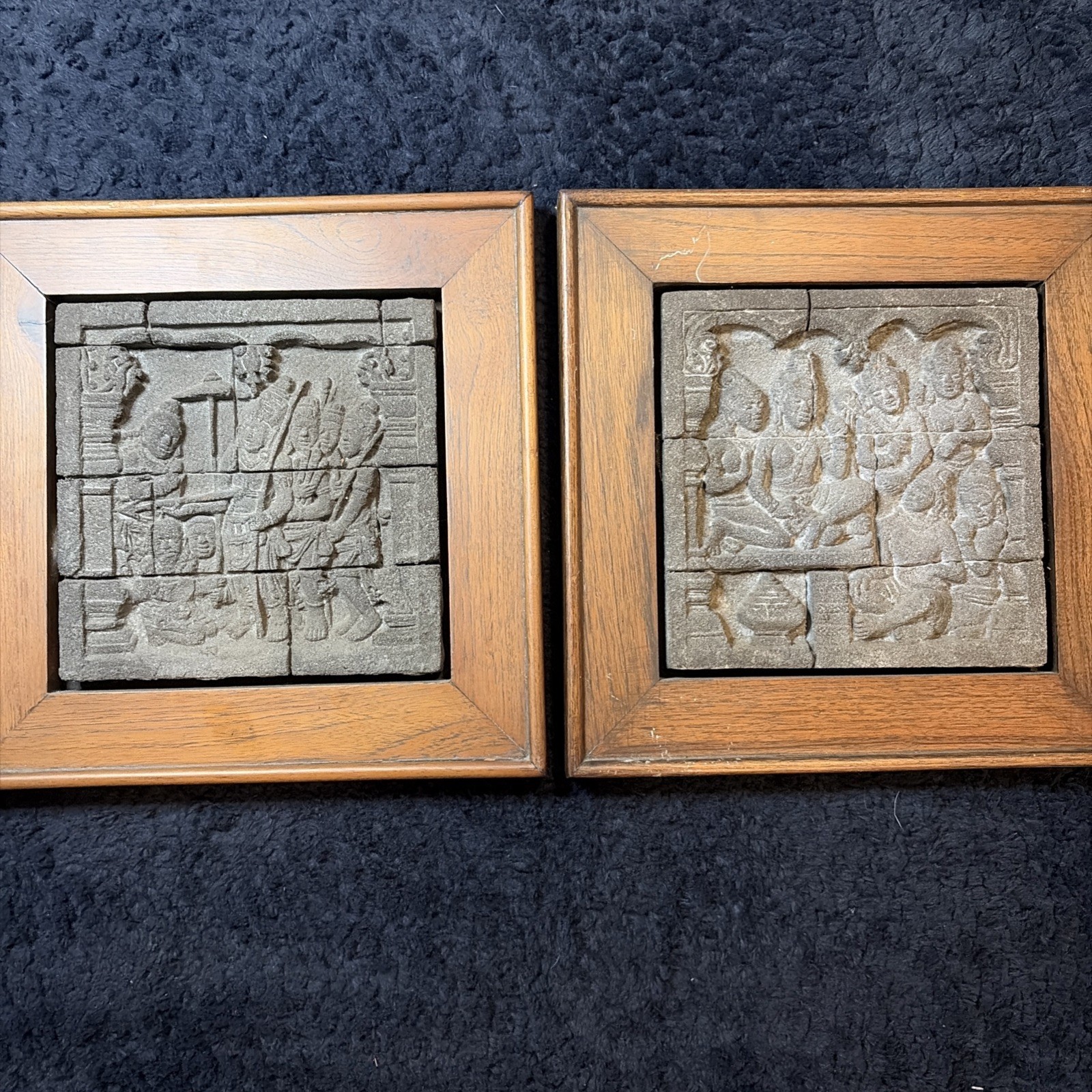 Pair Vintage Borobudur Temple Volcanic Stone Relief Panels Framed Javanese Art Pair Vintage Borobudur Temple Volcanic Stone Relief Panels Framed Javanese Art