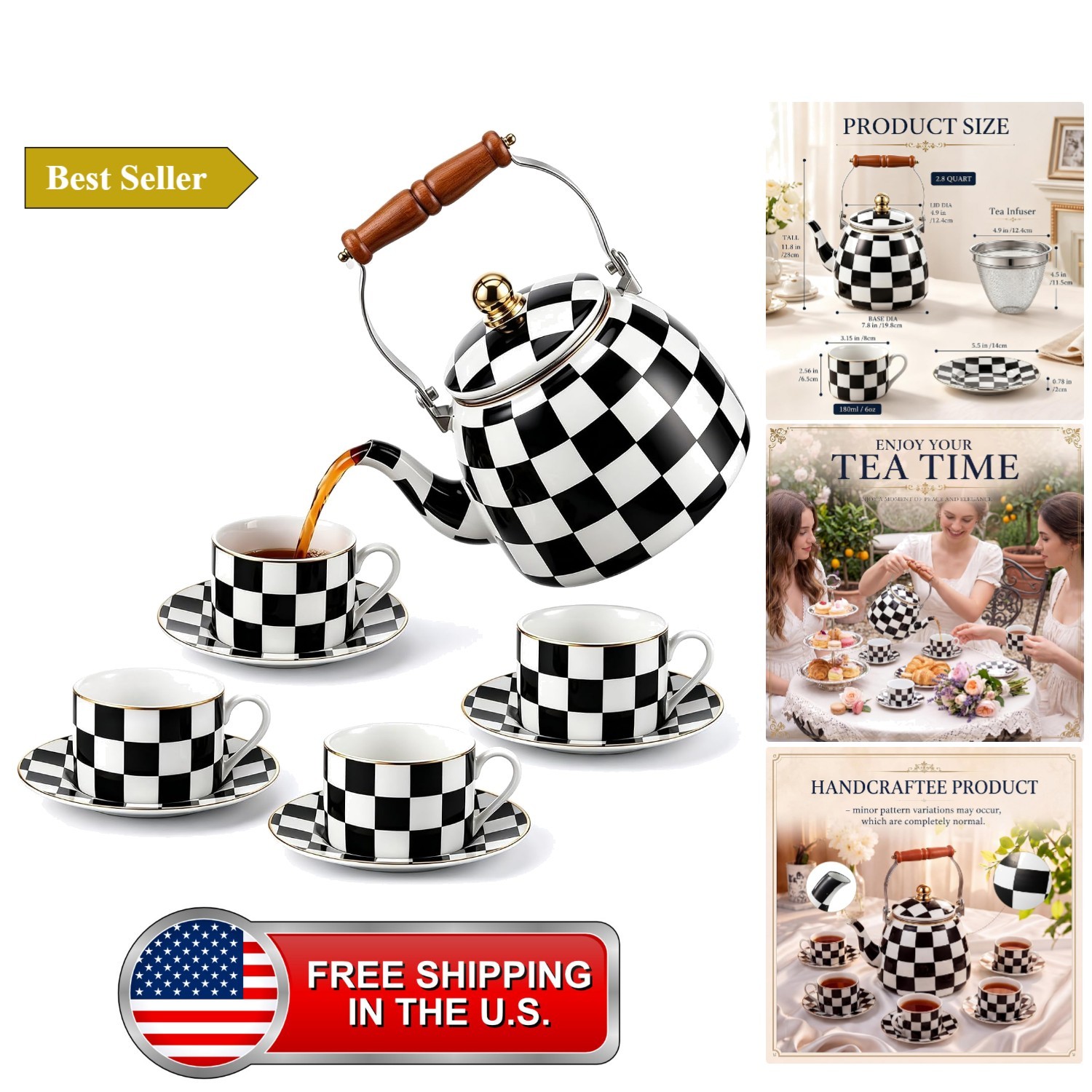 9 Pcs Checkered Teapot Set with Wooden Handle, Black and White Vintage