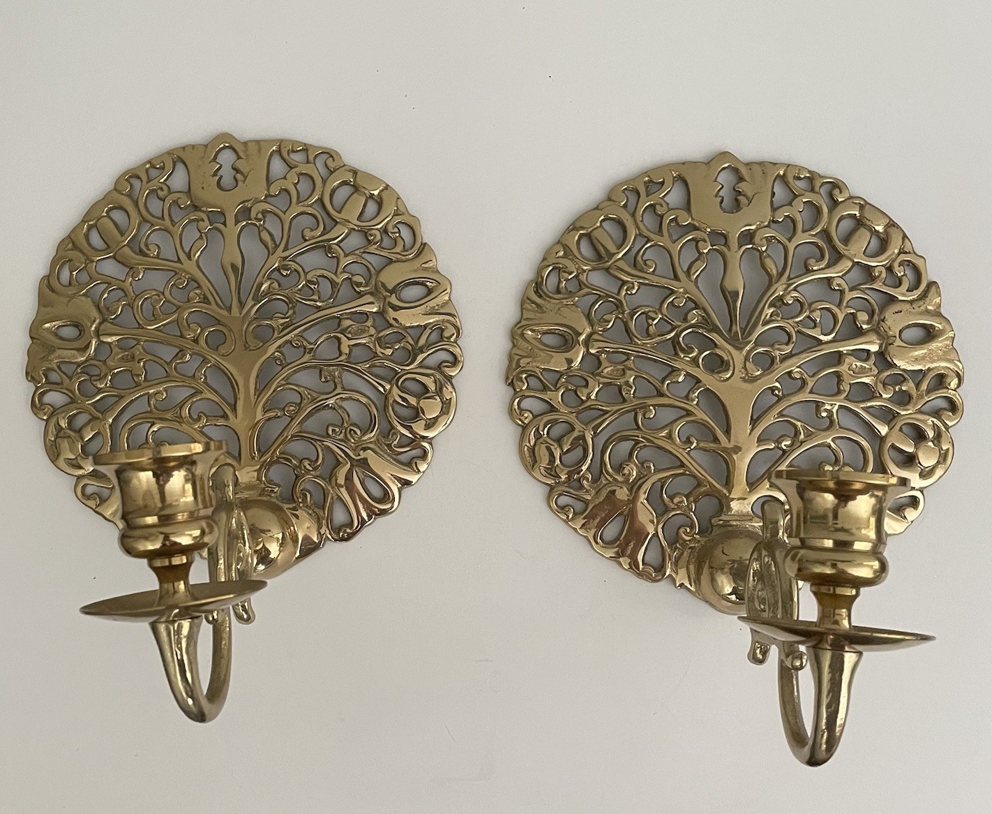 Vintage Pair Brass Tulip Tree of Life Medallion Candle Holders Wall Sconces Vintage Pair Brass Tulip Tree of Life Medallion Candle Holders Wall Sconces