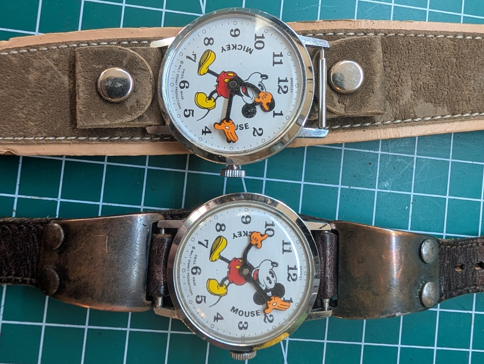 Lot 2 Vintage Bradley Mickey Mouse Wind Up Watches Leather Cuffs Parts Repair