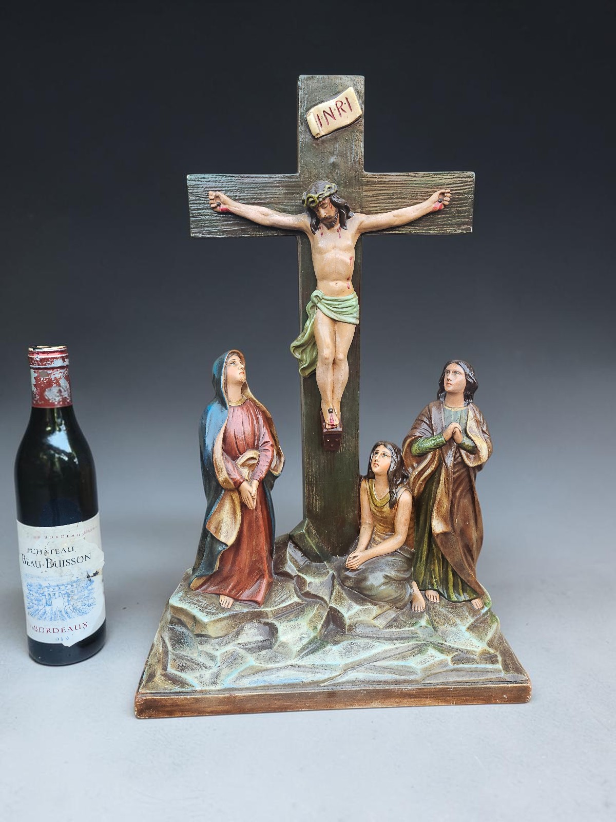 Antique Crucifixion Group Statue Calvary Jesus Mary Magdalene Saint John Antique Crucifixion Group Statue Calvary Jesus Mary Magdalene Saint John