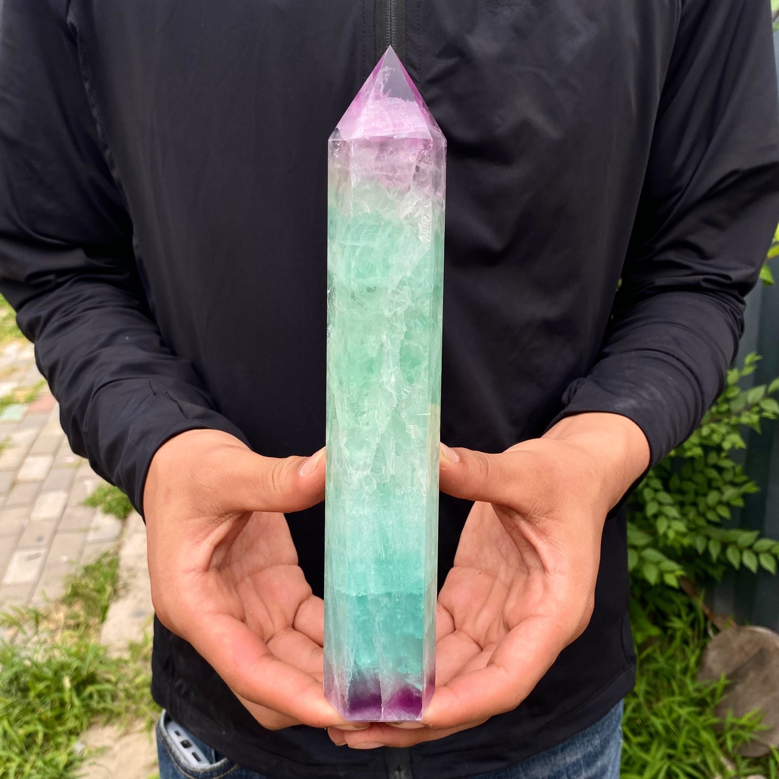 2.05LB Natural Rainbow Fluorite Obelisk Quartz Crystal Wand Tower Point Healing