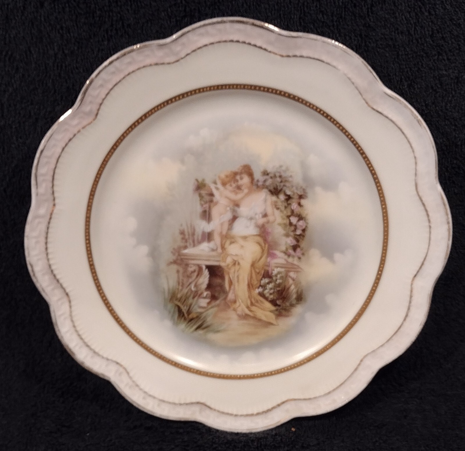 Vintage ZS&CR Bavaria Goddess And Cherub. 8 1/4” Scalloped Edge Round.