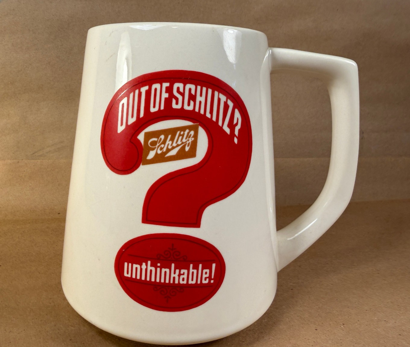 Huge Vintage 2 Liter Beer Mug Stein OUT OF SCHLITZ UNTHINKABLE Breweriana McCoy Huge Vintage 2 Liter Beer Mug Stein OUT OF SCHLITZ UNTHINKABLE Breweriana McCoy