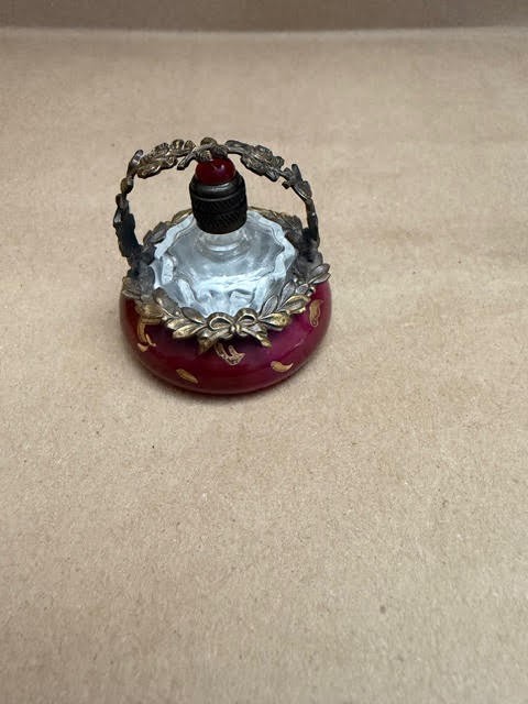 Peint Main Limoges France Tiny Perfume bottle and maroon basket holder Peint Main Limoges France Tiny Perfume bottle and maroon basket holder