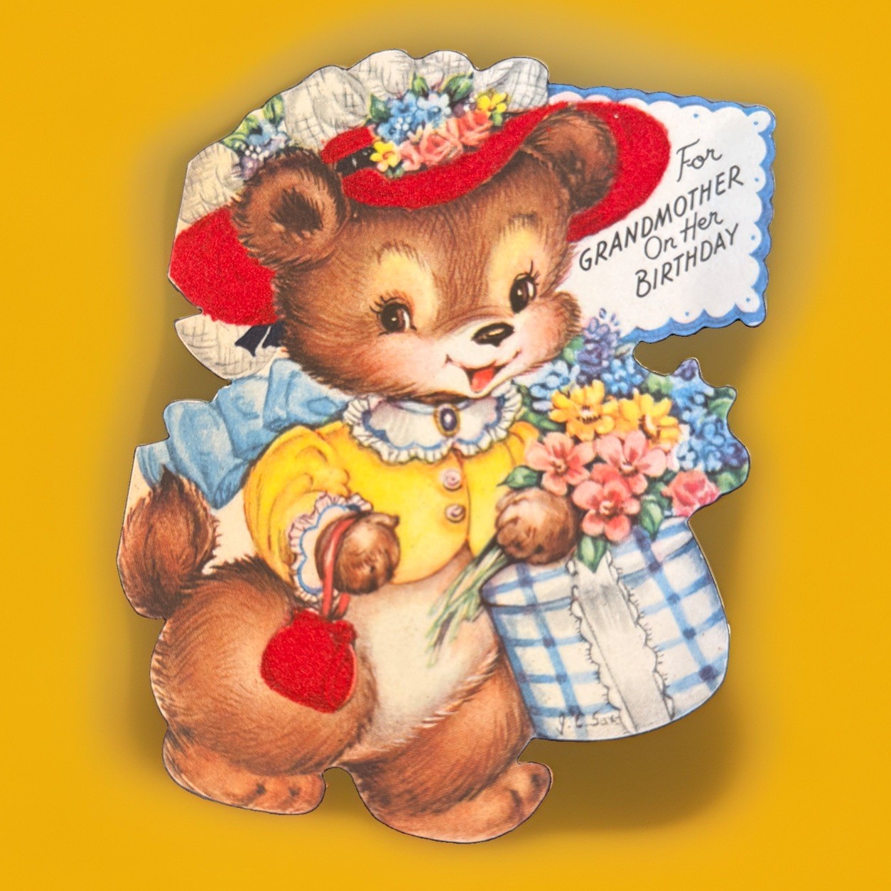 Vintage 1950s Die Cut Birthday Card Grandmother Bear Flowers Day-Glo Pat 2417384