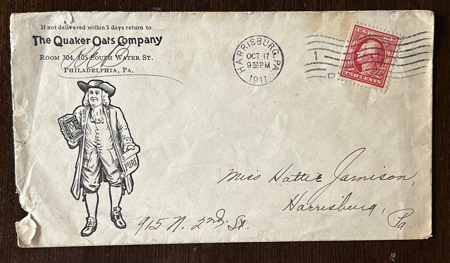 RARE QUAKER OATS COMPANY 1911 PENNSYLVANIA COVER RARE QUAKER OATS COMPANY 1911 PENNSYLVANIA COVER