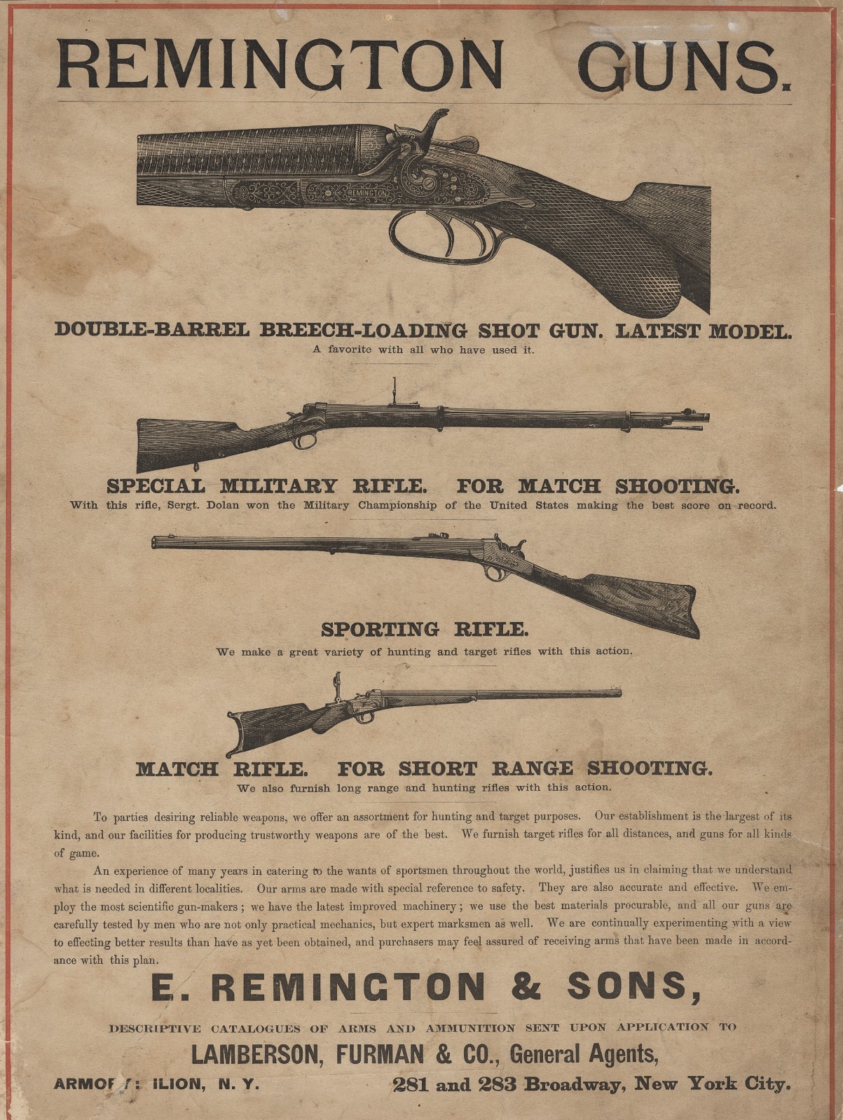 c. 1880's Remington Guns Advertising Broadside for Lamberson, Furman & Co NYC c. 1880's Remington Guns Advertising Broadside for Lamberson, Furman & Co NYC
