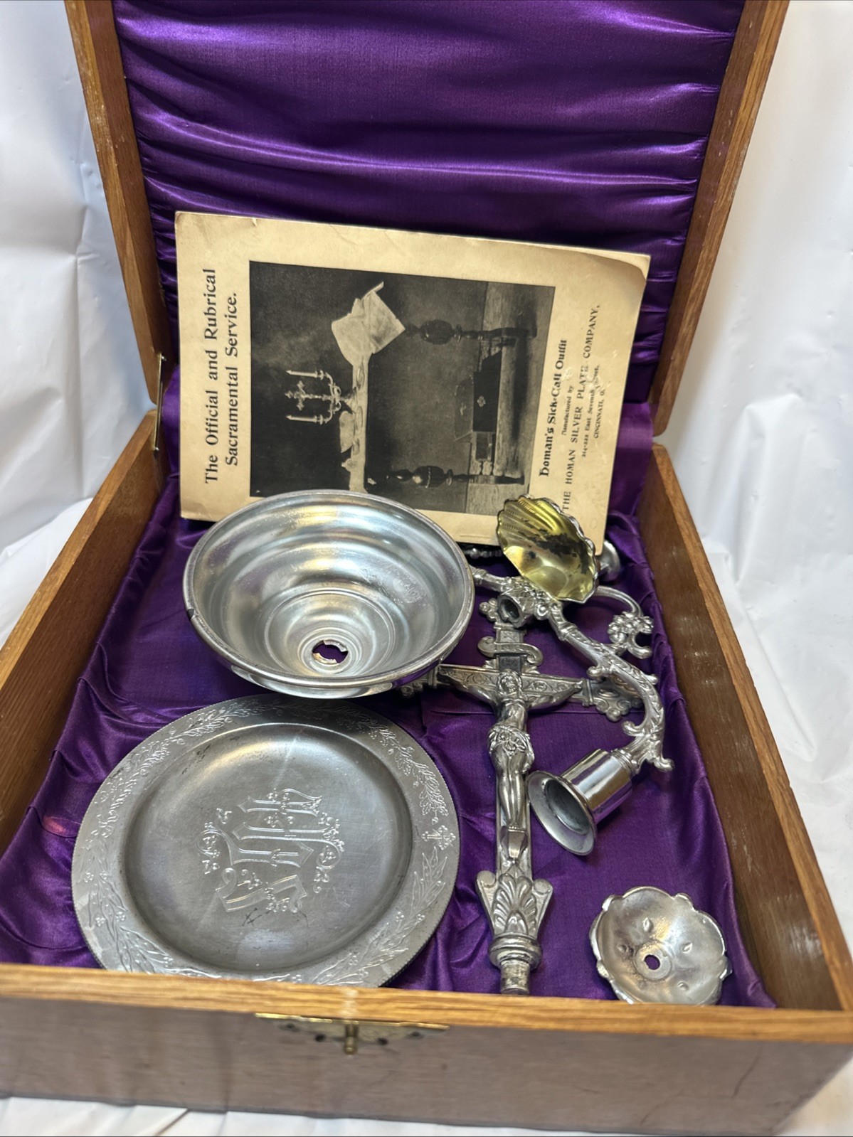 Antique 1897 Homan Sick Call Outfit Catholic Crucifix Silverplate Box Booklet