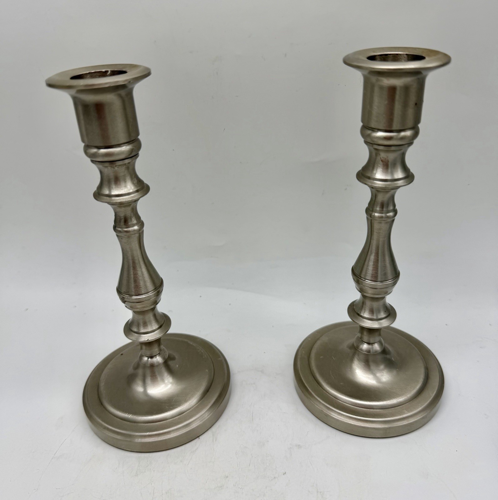 Vintage Baldwin Forged in America Satin Nickel Taper Candlesticks Pair Weighted Vintage Baldwin Forged in America Satin Nickel Taper Candlesticks Pair Weighted