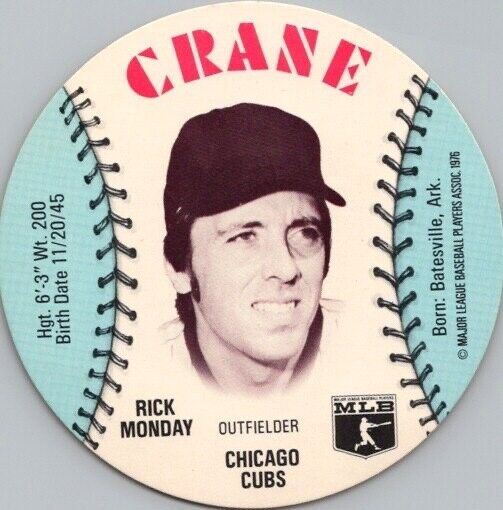 1976 CRANE POTATO CHIPS Baseball Card Chicago Cubs RICK MONDAY - 3.5 in. Round