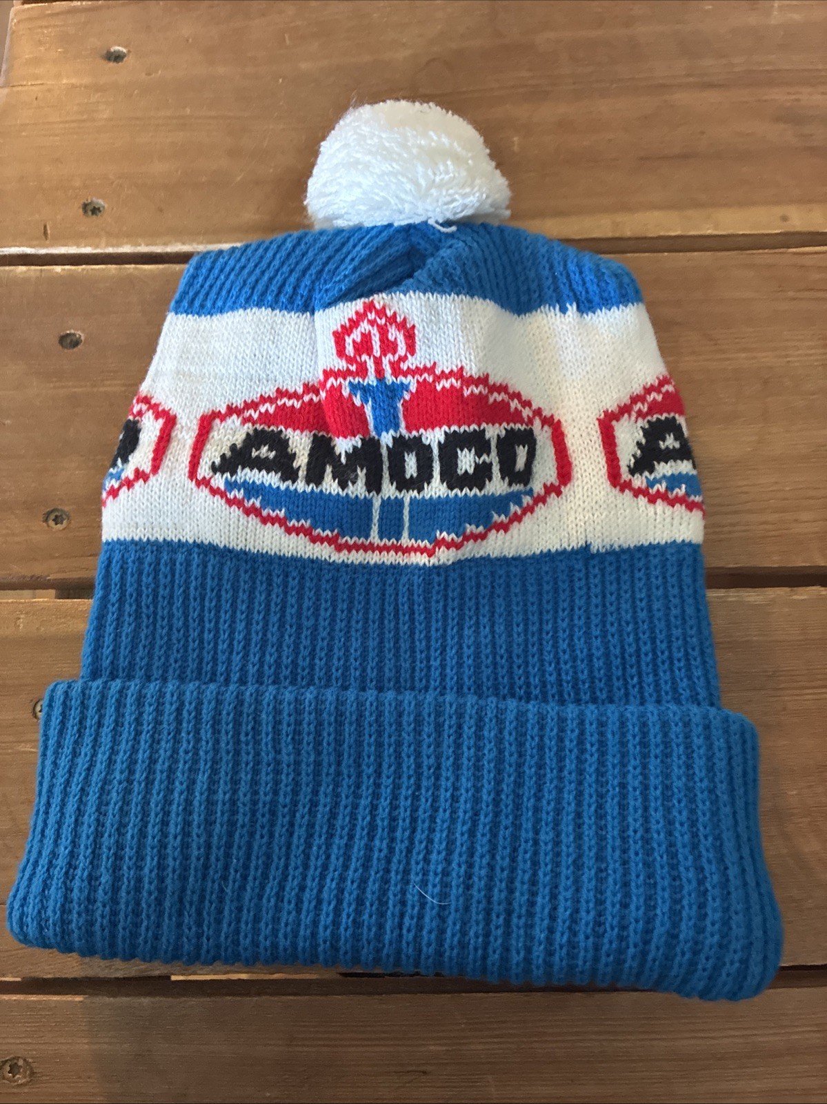 VTG 80\'s Amoco Stocking Hat Blue Pom Pom Advertising Beanie Petroleum Gas Winter VTG 80\'s Amoco Stocking Hat Blue Pom Pom Advertising Beanie Petroleum Gas Winter