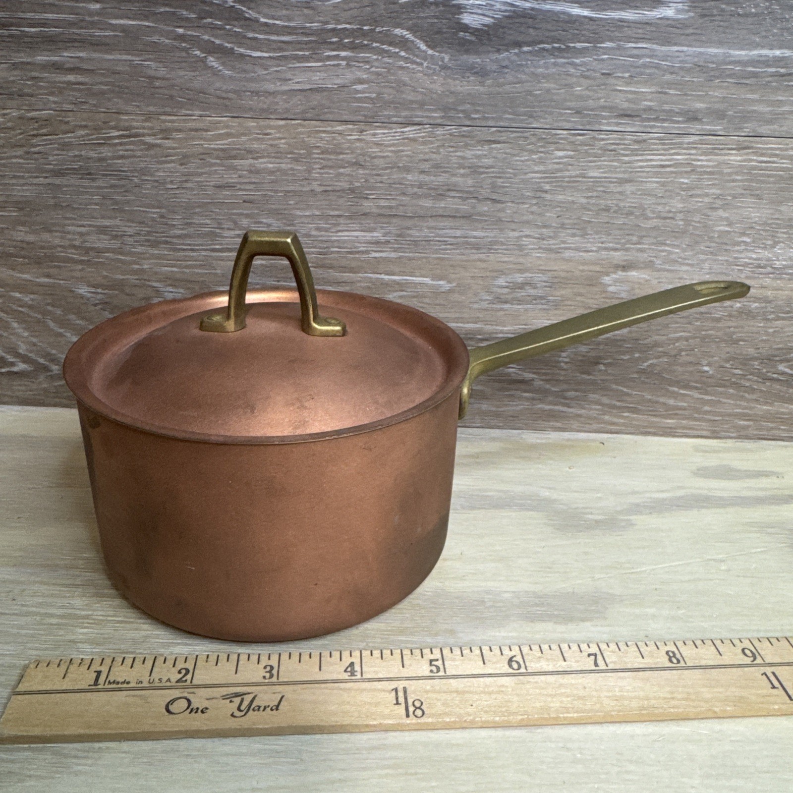 1801 PAUL REVERE 5” Wide 3” Tall 1 QUART SAUCE POT W/LID COPPER W/BRASS HANDLES