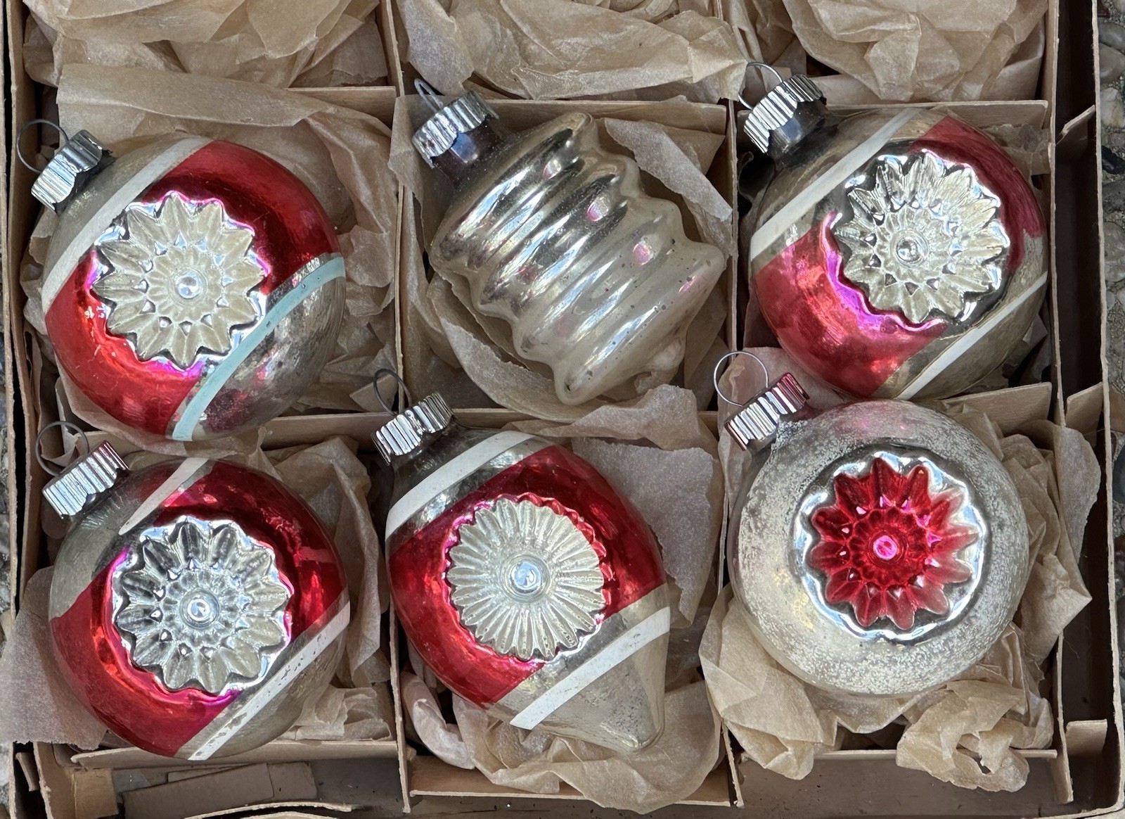 VTG Shiny Brite Made In USA Mica Double Indent Lantern Torpedo Glass Ornaments VTG Shiny Brite Made In USA Mica Double Indent Lantern Torpedo Glass Ornaments