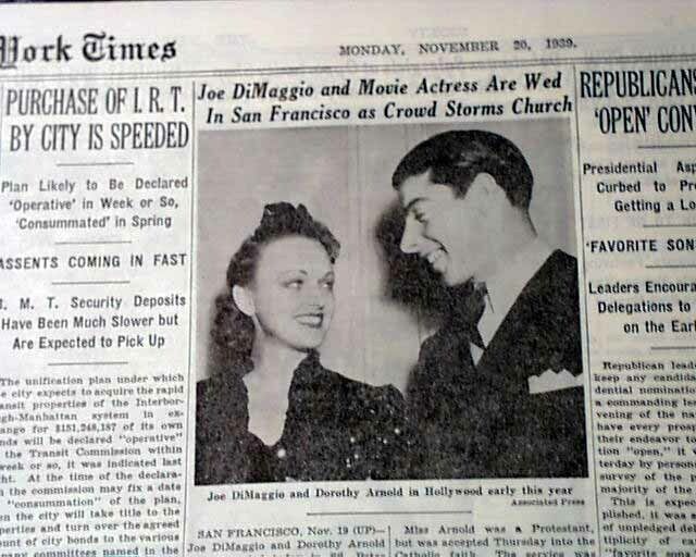 JOE DiMAGGIO New York Yankees & Dorothy Arnold MARRIED Weds Photo 1939 Newspaper
