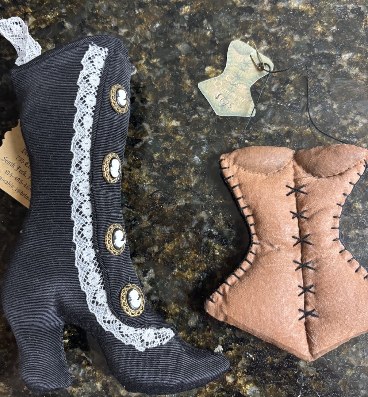 2 Vtg Christmas Ornaments Handmade Fabric Corset & Old Fashion Cameo Boot