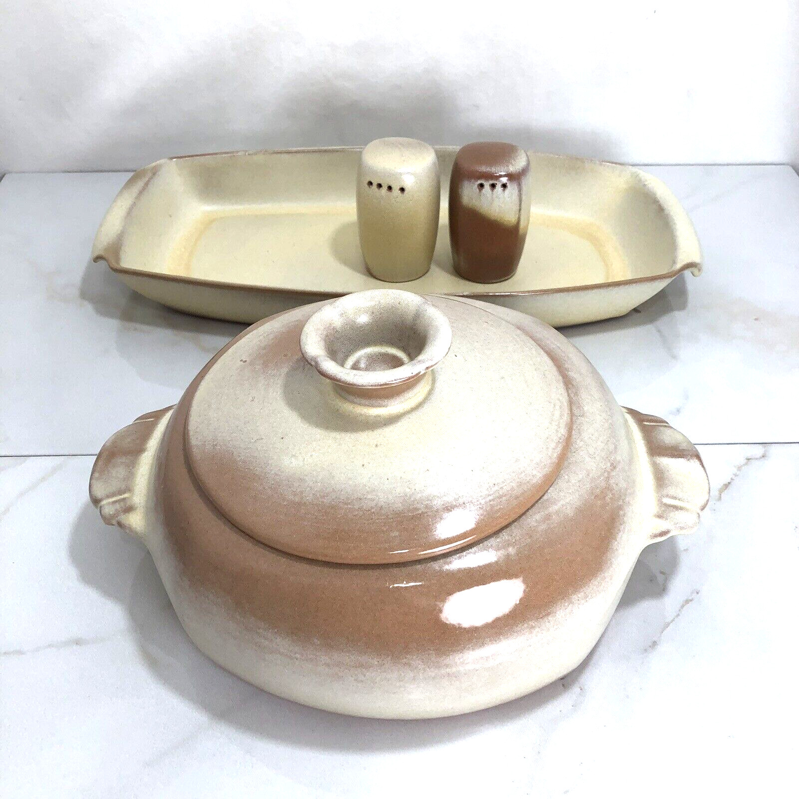 Vtg Frankoma Pottery Casserole Dish Lid Salt and Pepper Shakers Serving Platter
