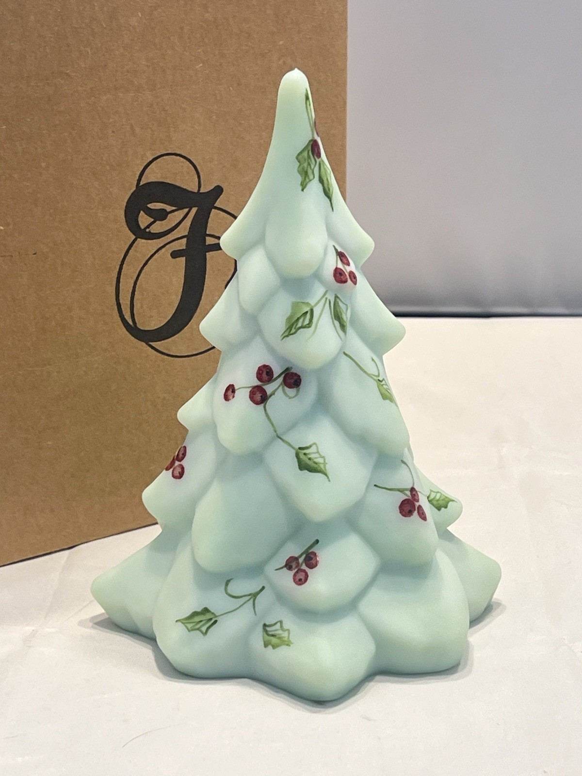MINT FENTON Sea Mist Green Winter/Christmas Tree w/Holly Berries  Signed Boxed