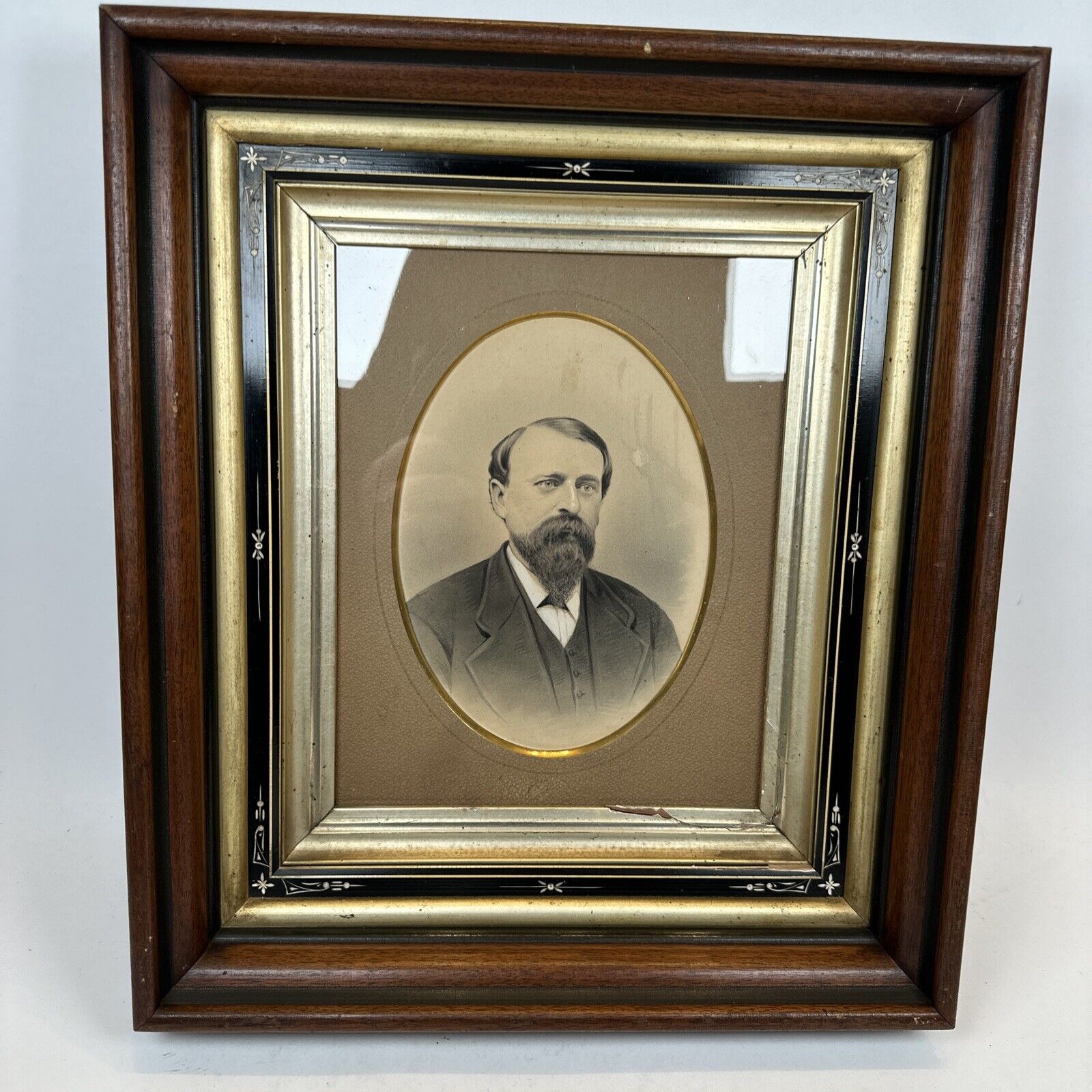 Antique Gentleman’s Portrait In Victorian Deep Well Wooden Frame