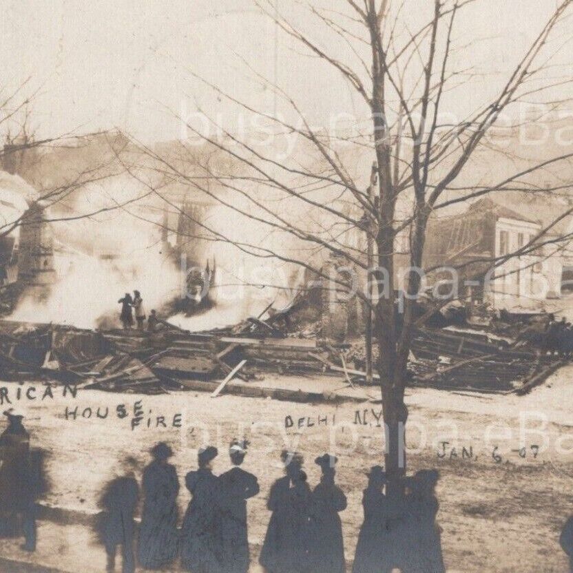 Antique 1907 RPPC American House Hotel Fire Disaster Delhi New York NY Postcard