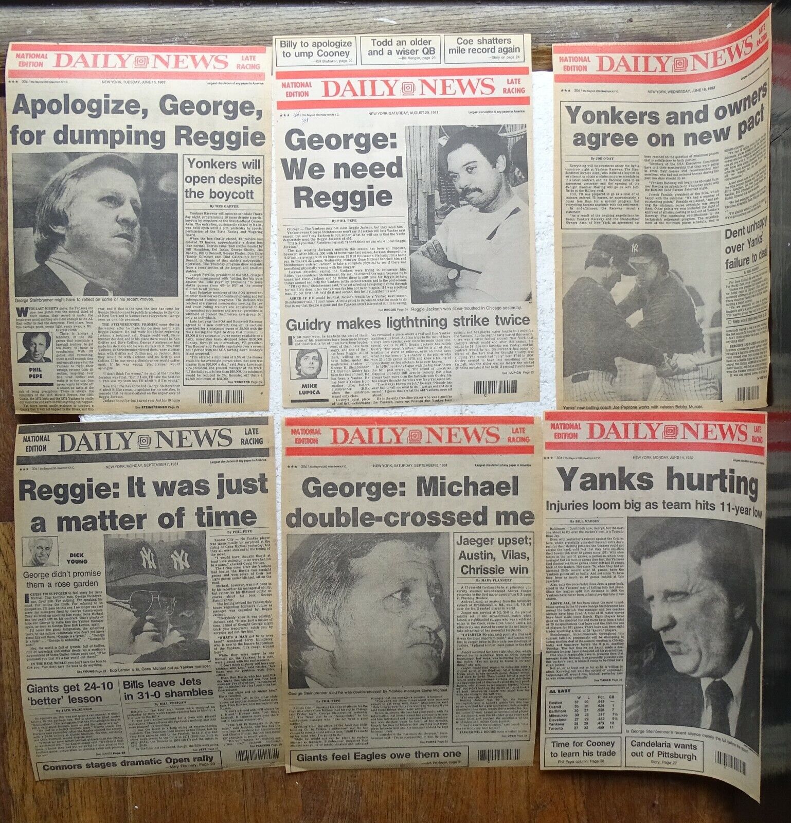 Six 1981-1982 N.Y. Daily News Back Pages GEORGE STEINBRENNER, Reggie Jackson etc