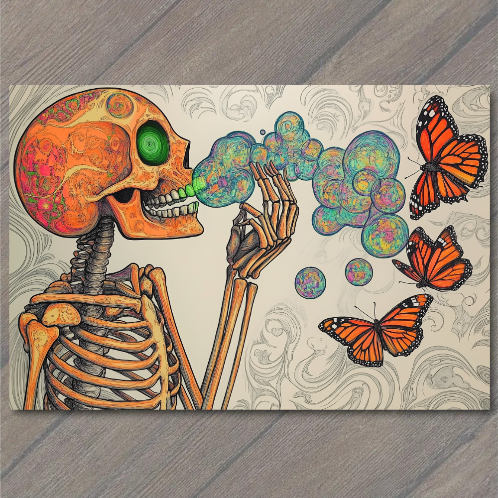 POSTCARD Skeleton With Glowing Eye Orange Butterfly Rainbow Bubble Surreal Emo POSTCARD Skeleton With Glowing Eye Orange Butterfly Rainbow Bubble Surreal Emo