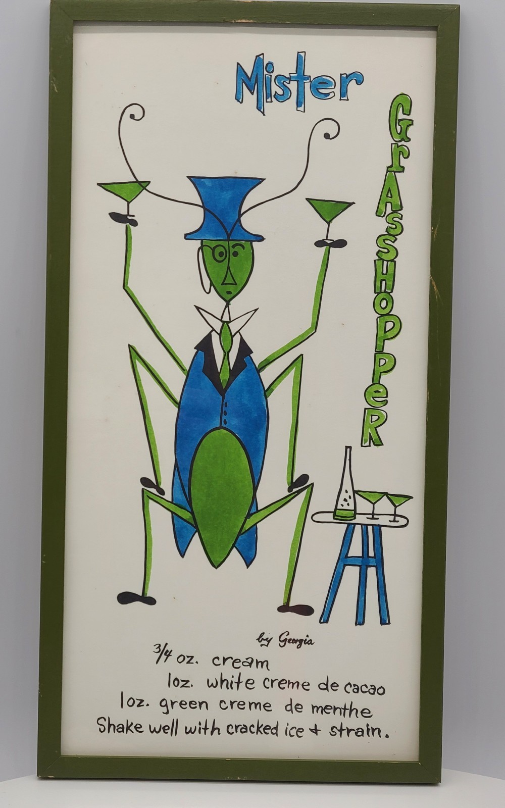 Rare Vintage 1960s MCM Grasshopper Cocktail Bar Art Hand Painted Wall Decor NYC