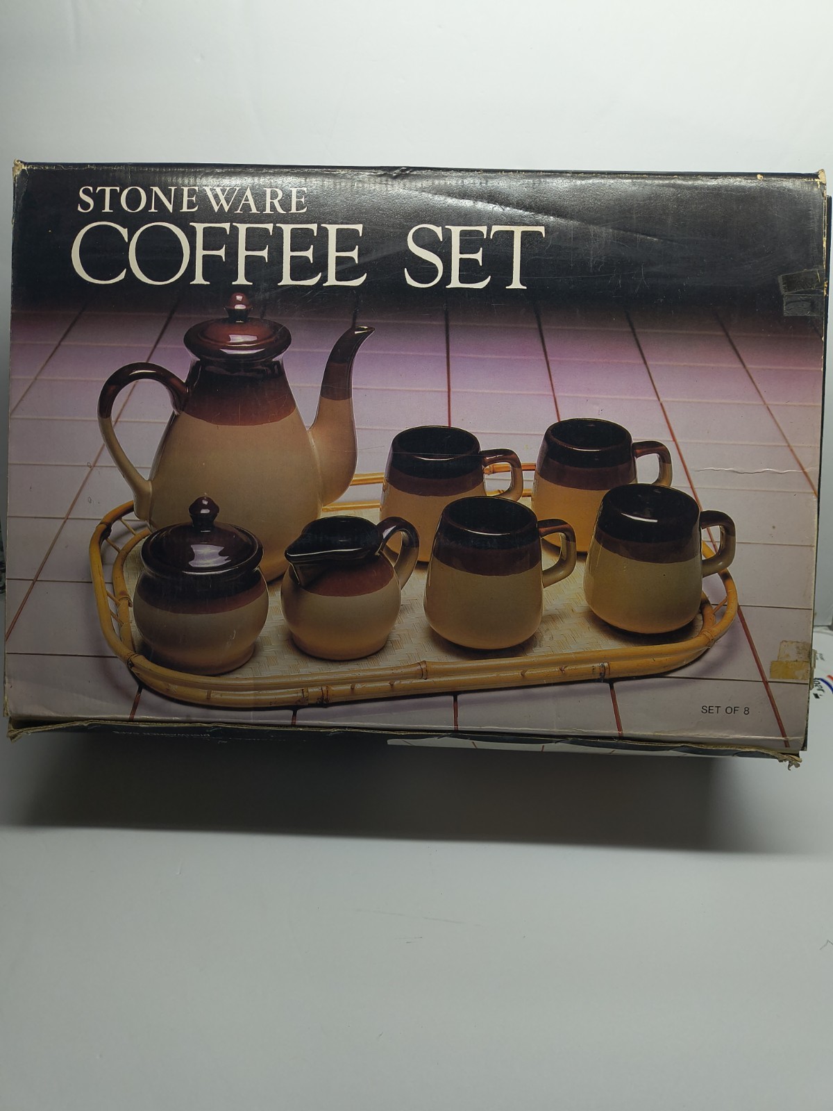 Vintage Interpur Stoneware Coffee Set 10 PC NIB NOS 1970's Brown Beige W/Tray