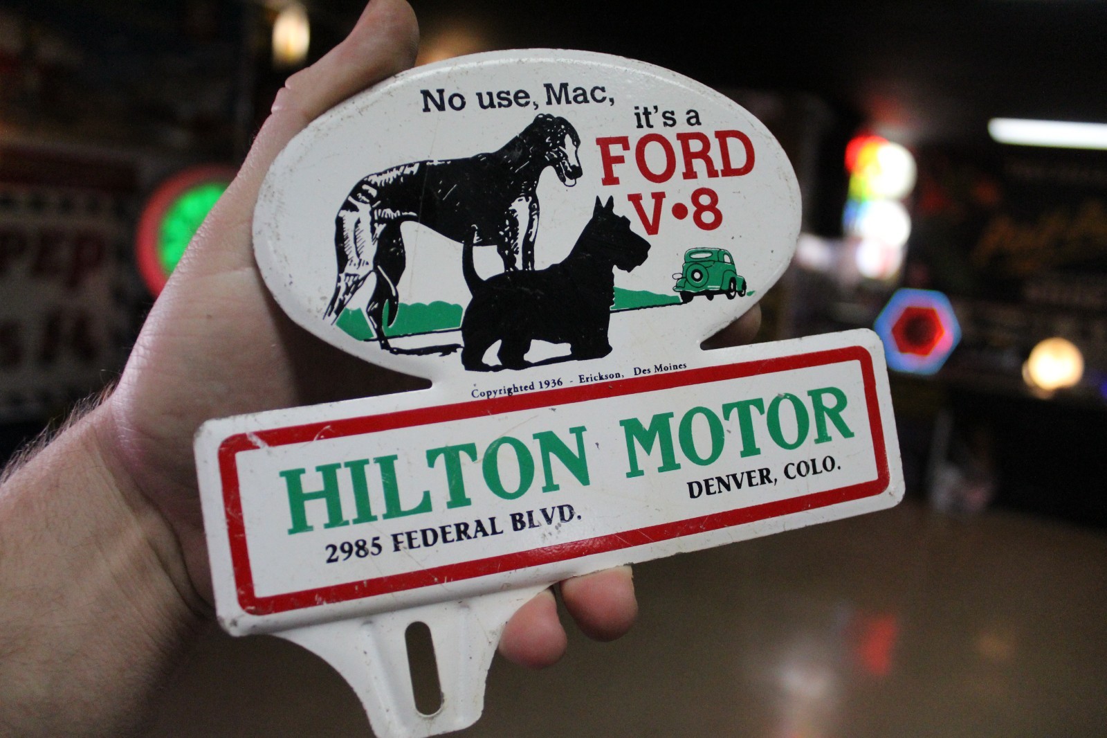 RARE 1936 FORD  V8 HILTON MOTOR DENVER STAMPED PAINTED METAL TOPPER SIGN GAS CO