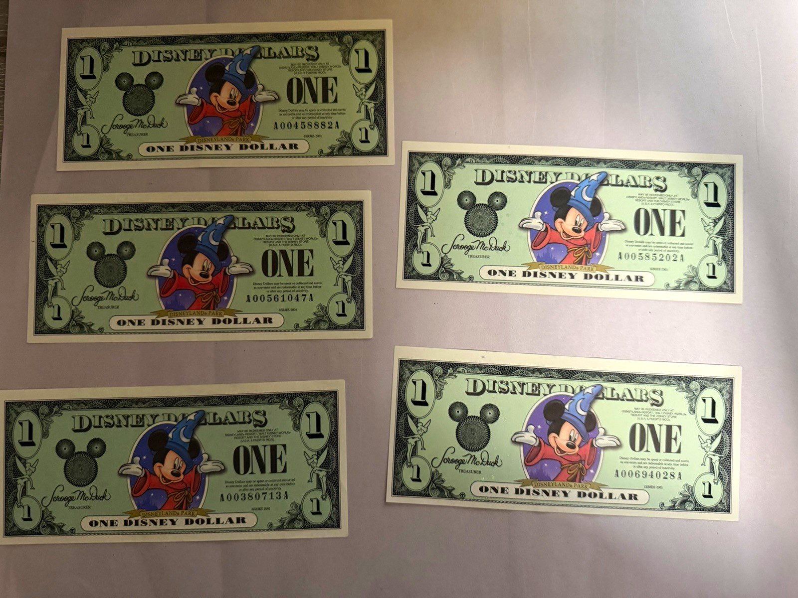 Disney $1 Disney Dollars Notes 2001 Mickey Mouse Sorcerer Series Lot of 5 Disney $1 Disney Dollars Notes 2001 Mickey Mouse Sorcerer Series Lot of 5