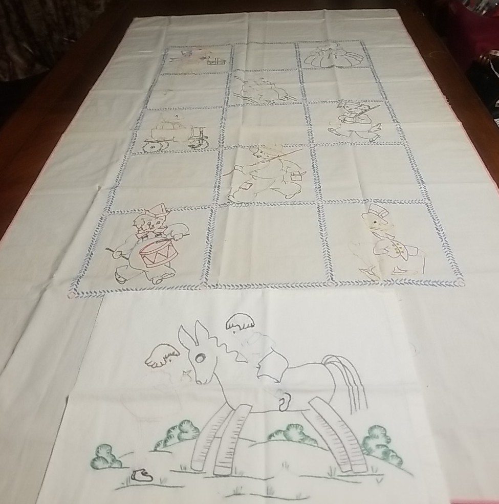 Juvenile Novelty Feedsack Embroidered Quilt Top And Pillow, Some Staining,60\ Juvenile Novelty Feedsack Embroidered Quilt Top And Pillow, Some Staining,60\