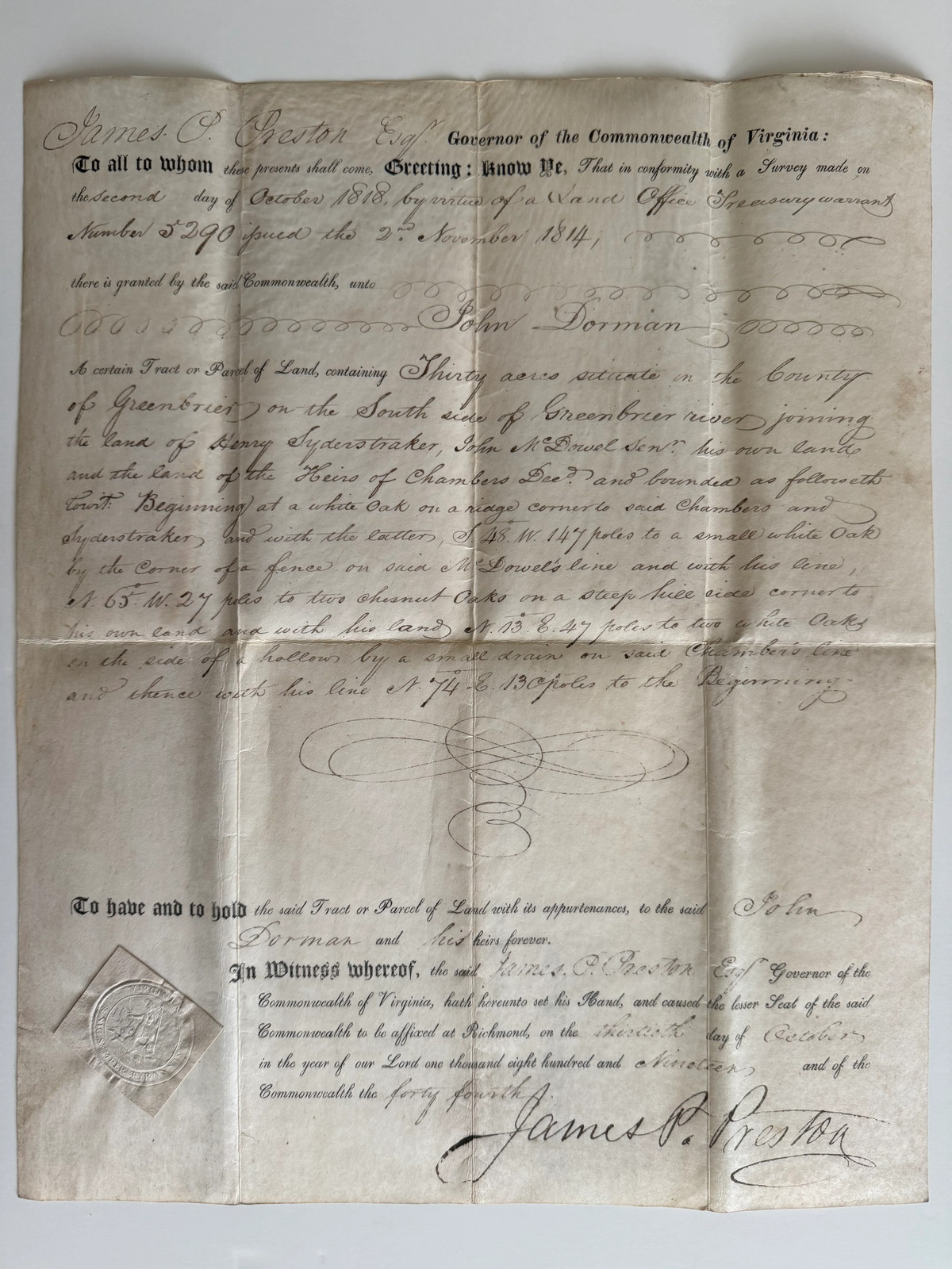 1819 Virginia Land Grant Signed by Governor James P. Preston – Greenbrier