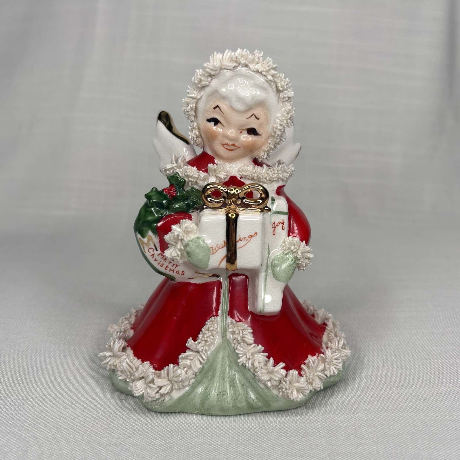 Vintage Napco Christmas Angel Spaghetti Trim Japan “Xmas Angel” Holding Presents Vintage Napco Christmas Angel Spaghetti Trim Japan “Xmas Angel” Holding Presents