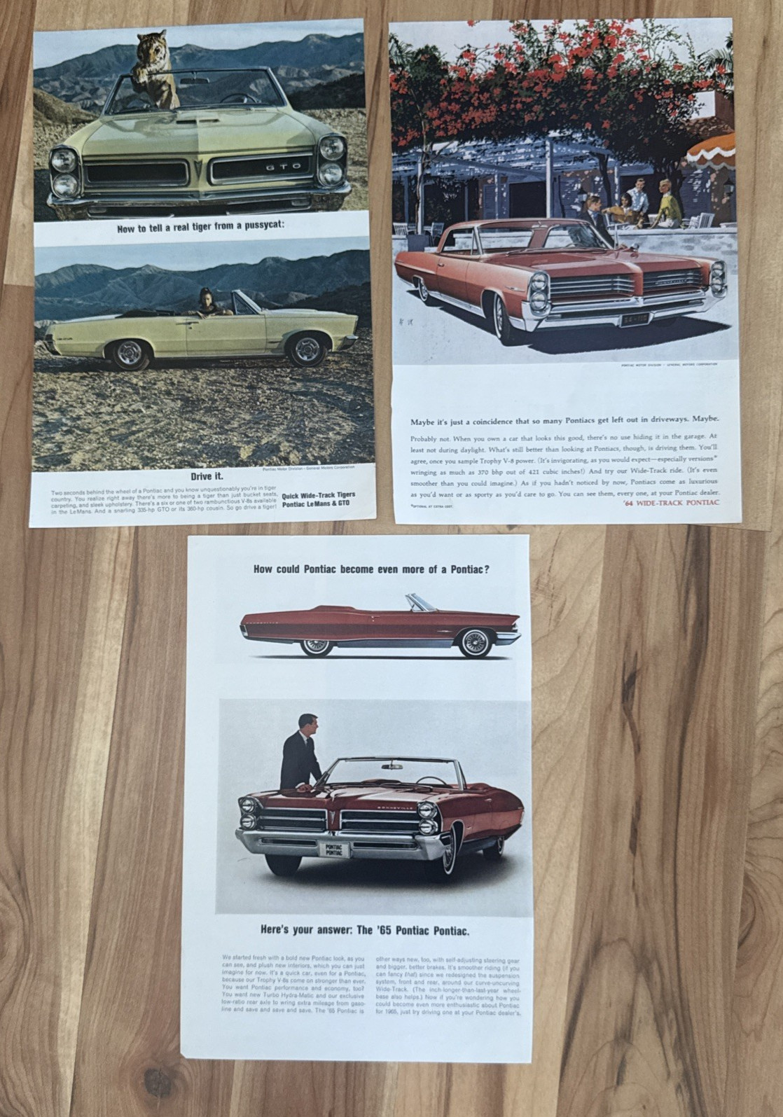 1965 & 1964 Pontiac Lot of 3 Tiger GTO Le Mans Wide Track Color Print Ad GM 1965 & 1964 Pontiac Lot of 3 Tiger GTO Le Mans Wide Track Color Print Ad GM