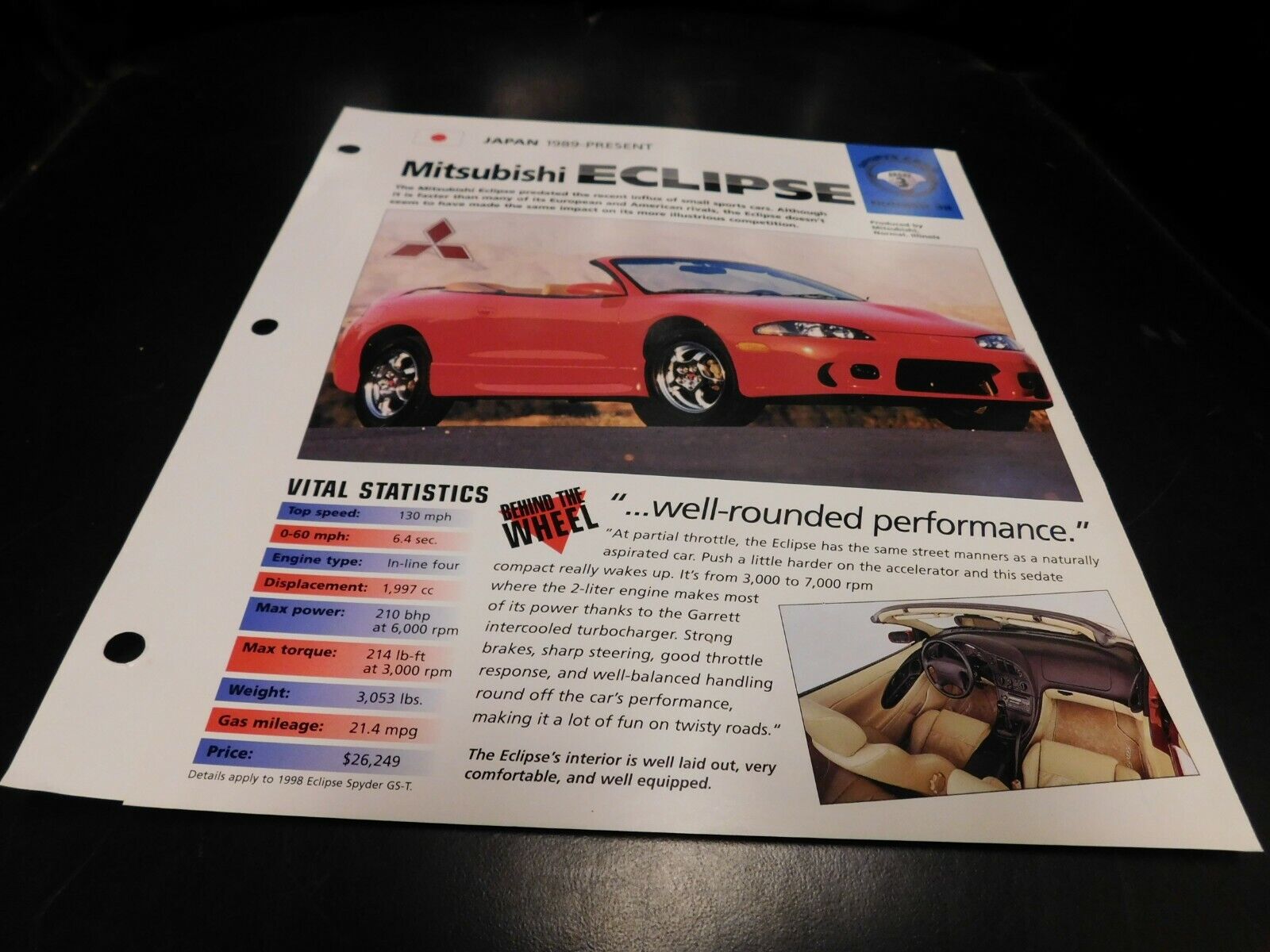1989+ Mitsubishi Eclipse Spec Sheet Brochure Photo Poster