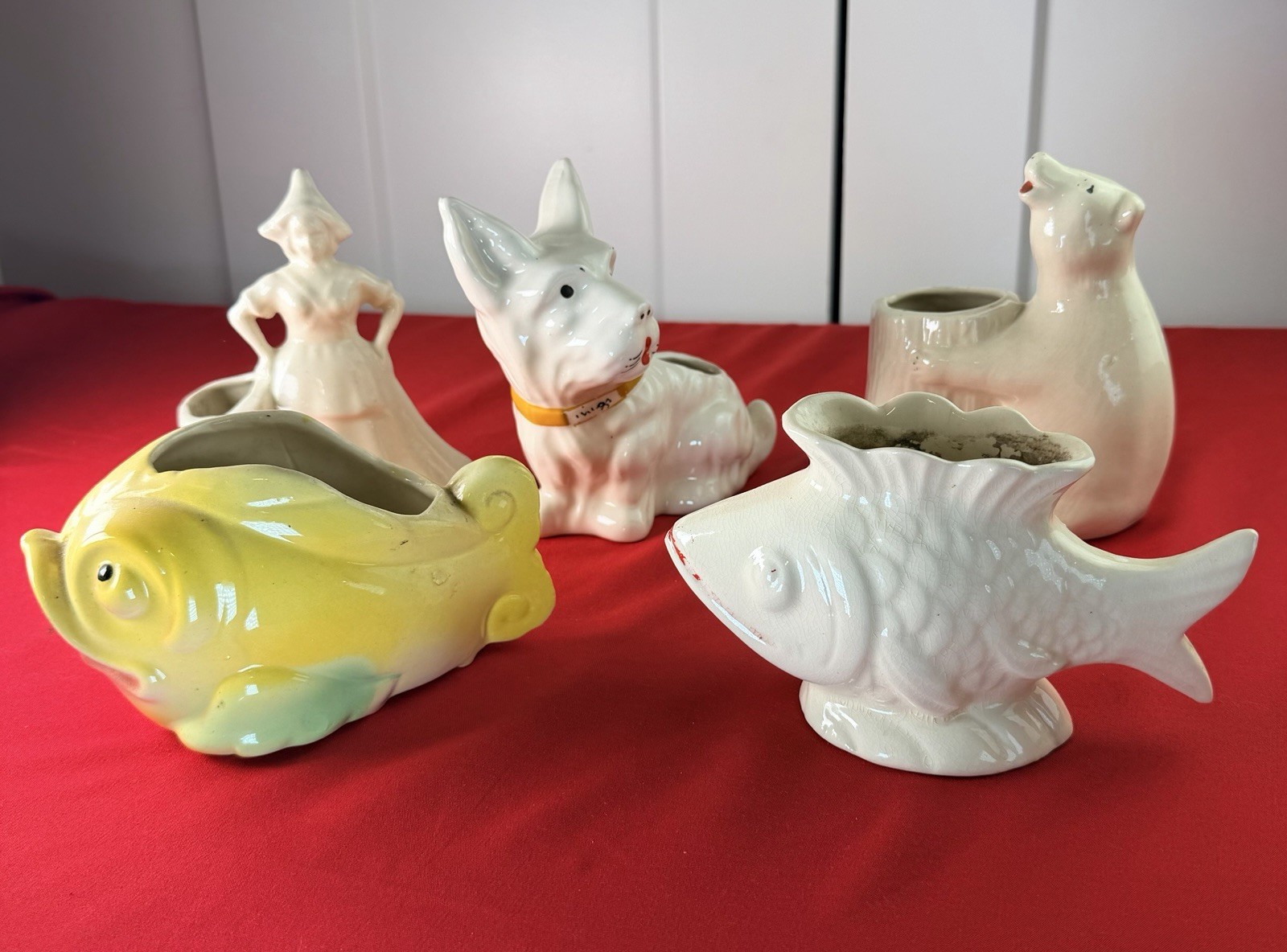 Vtg MCM Ceramic Planters Lot of 5 Scottie Dog Fish Bear Dutch Girl Pottery