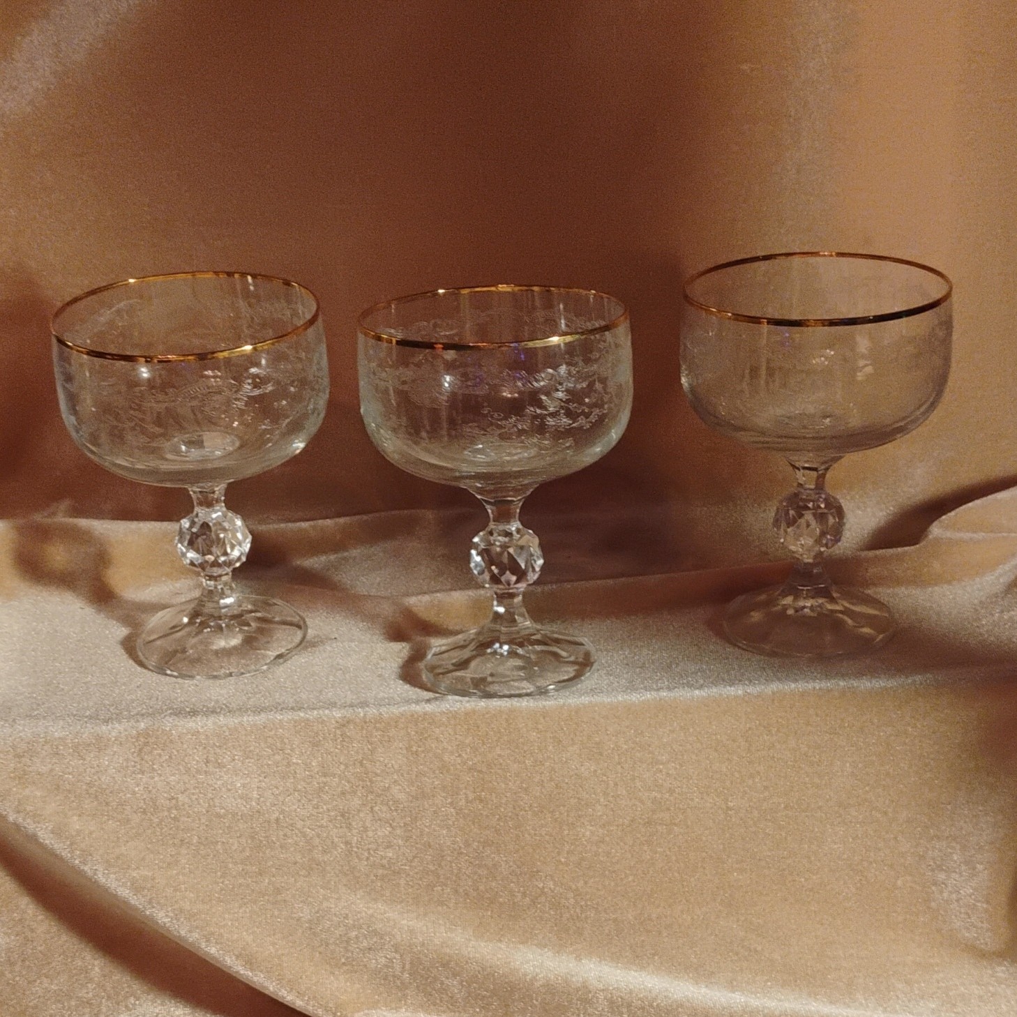 Bohemia Crystal Queen Anne's Lace Etched Champagne/tall Sherbet glasses lot of 3 Bohemia Crystal Queen Anne's Lace Etched Champagne/tall Sherbet glasses lot of 3